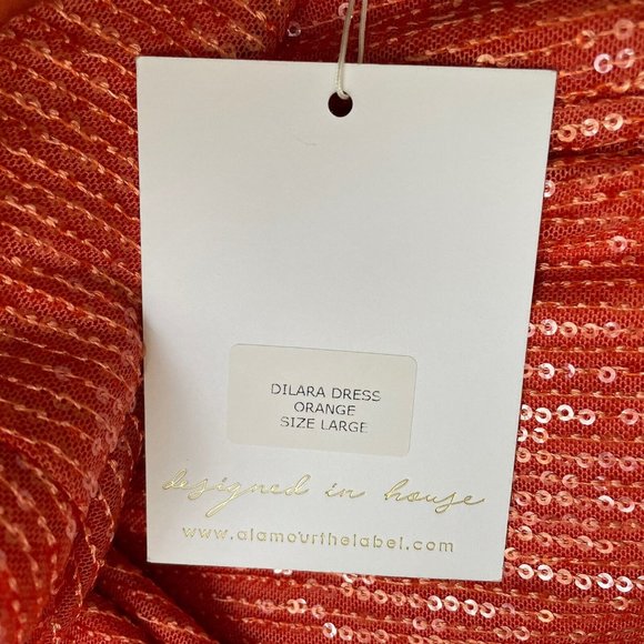 ALAMOUR THE LABEL Dress L NWT Dilara Orange Sequin Cutout Off Shoulder Midi - Picture 6 of 8